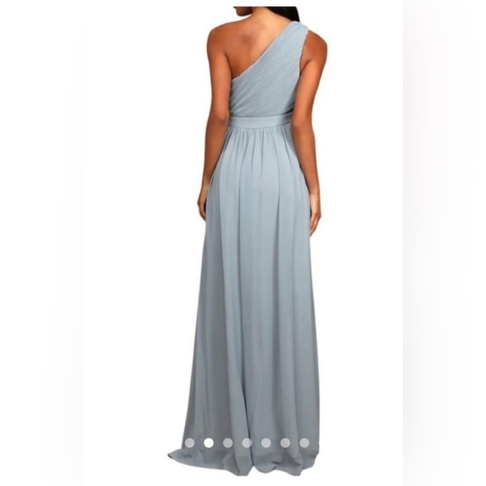 NWT Lulus Lovely Endings Dusty Blue One-Shoulder Pleated Maxi Dress - Picture 3 of 9
